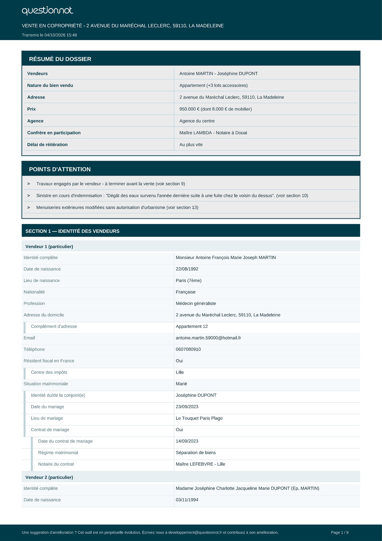 Un questionnaire papier rempli à la main, photographié en noir et blanc et un peu froissé, est broyé en lamelles à mesure que l’on fait défiler la page, et laisse apparaître la synthèse numérique que reçoit l’étude (résumé du dossier, points d’attention, identité des vendeurs). Données fictives.